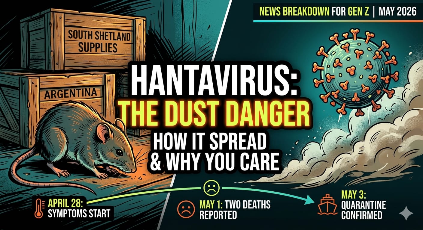 A split infographic-style illustration with bold text that reads "HANTAVIRUS: THE DUST DANGER." The left side shows a long-tailed rat near wooden crates labeled "SOUTH SHETLAND SUPPLIES" and "ARGENTINA." The right side shows a large virus particle with red spikes. A timeline at the bottom details the May 2026 outbreak from "SYMPTOMS START" on April 28 to "QUARANTINE CONFIRMED" on May 3. The top corner indicates "NEWS BREAKDOWN FOR GEN Z."