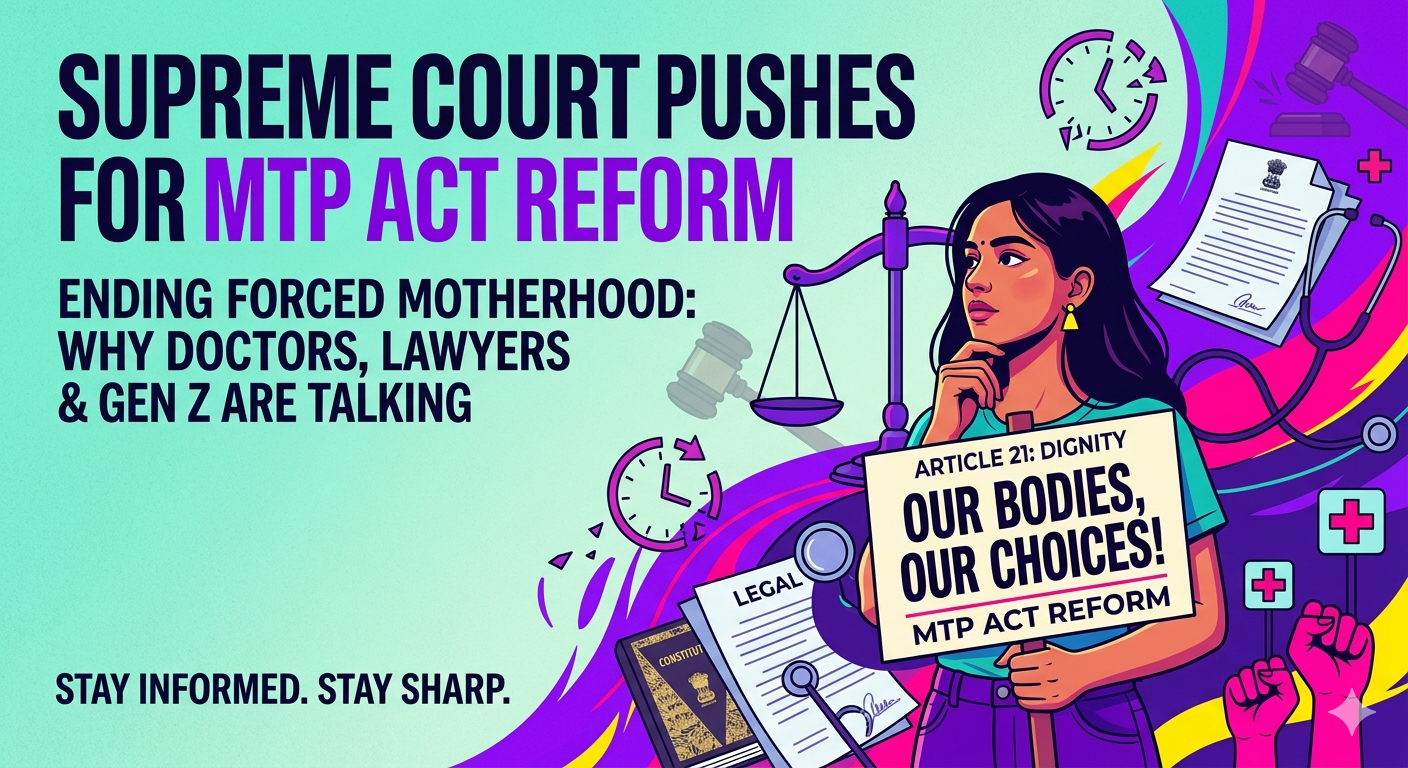 Modern graphic image about the Supreme Court of India pushing for MTP Act reform, featuring a young woman holding an 'Our Bodies, Our Choices' sign, symbolic of reproductive rights and Article 21.
