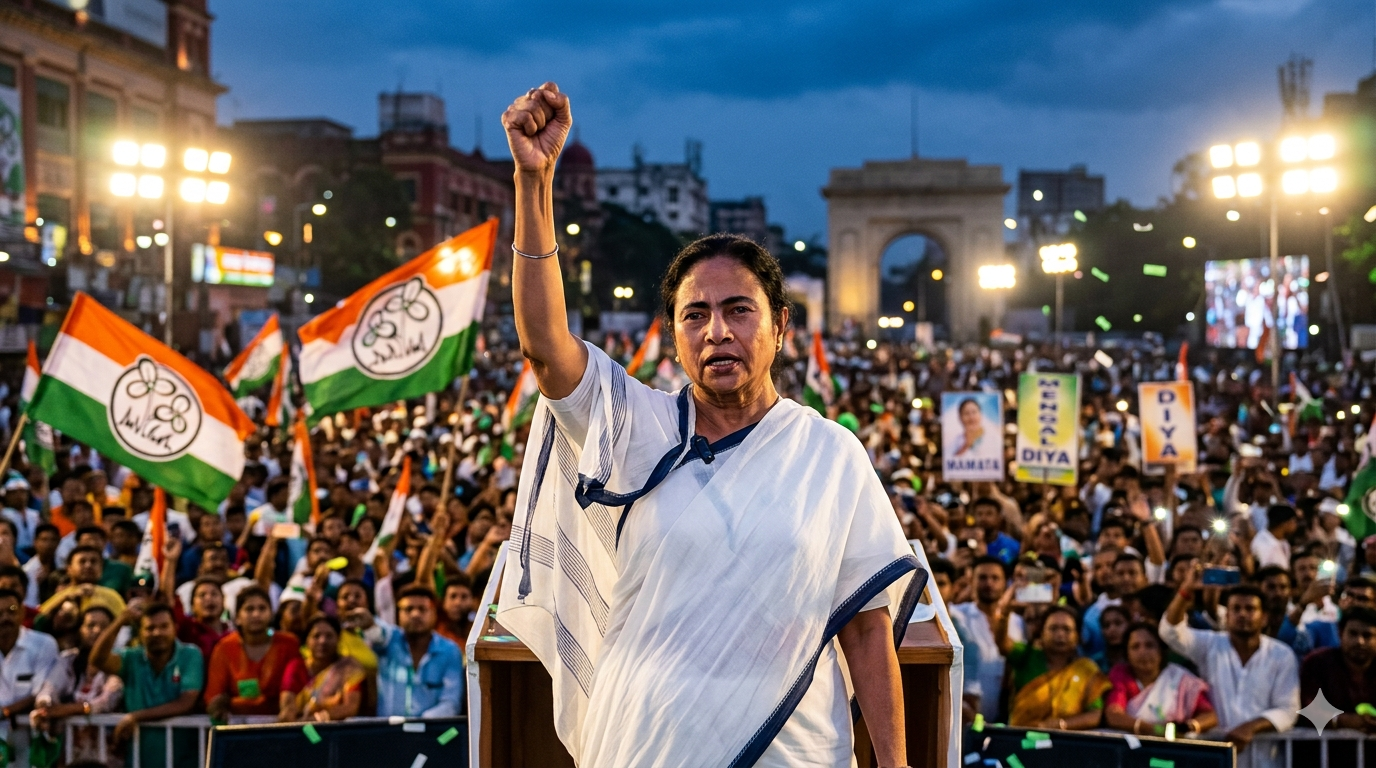 A powerful, high-contrast illustration of Mamata Banerjee in a white saree, raising her fist in a defiant gesture during a political rally. She stands behind a podium in front of a massive evening crowd holding TMC flags. The background features warm floodlights and colonial-style Kolkata architecture, capturing the high-stakes atmosphere of the 2026 West Bengal election counting day.