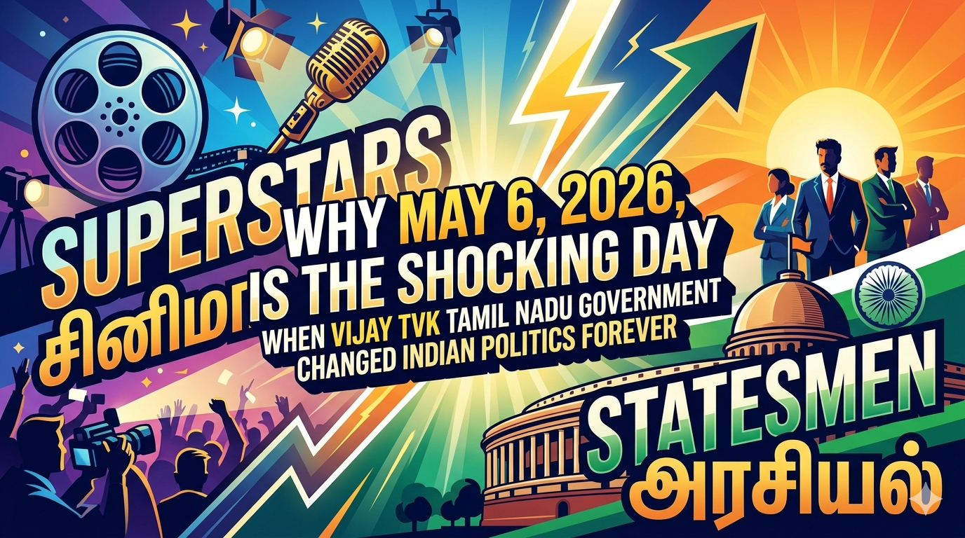 A striking dual-themed illustration with a muted, vintage color palette, splitting the scene between the film industry and politics. The left side features a film reel, a vintage microphone, studio lights, and a crowd of paparazzi, with large text reading "SUPERSTARS" in English and "சினிமா" (Cinema) in Tamil. The right side shows stylized images of the Indian Parliament building, a group of politicians in suits, and the Indian flag, with text reading "STATESMEN" in English and "அரசியல்" (Politics) in Tamil. The central text block poses the question: "WHY MAY 6, 2026, IS THE SHOCKING DAY WHEN VIJAY TVK TAMIL NADU GOVERNMENT CHANGED INDIAN POLITICS FOREVER." An upward-trending arrow connects the rising sun of governance to the entertainment side.